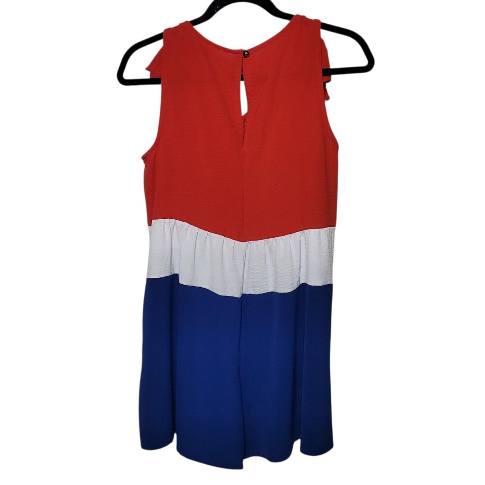 Haptics Patriotic Red White Blue Colorblock Romper Shoulder Ties Americana Small - Picture 2 of 11